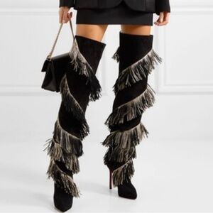 Christian Louboutin Bolcheva 120 Gold Suede Fringe OTK Boots Size EU 38